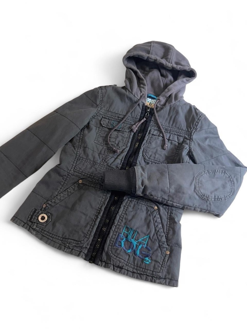 Y2K Billabong Grey Utility Jacket Hood Faded Embroidered Logo Skater Grunge XS